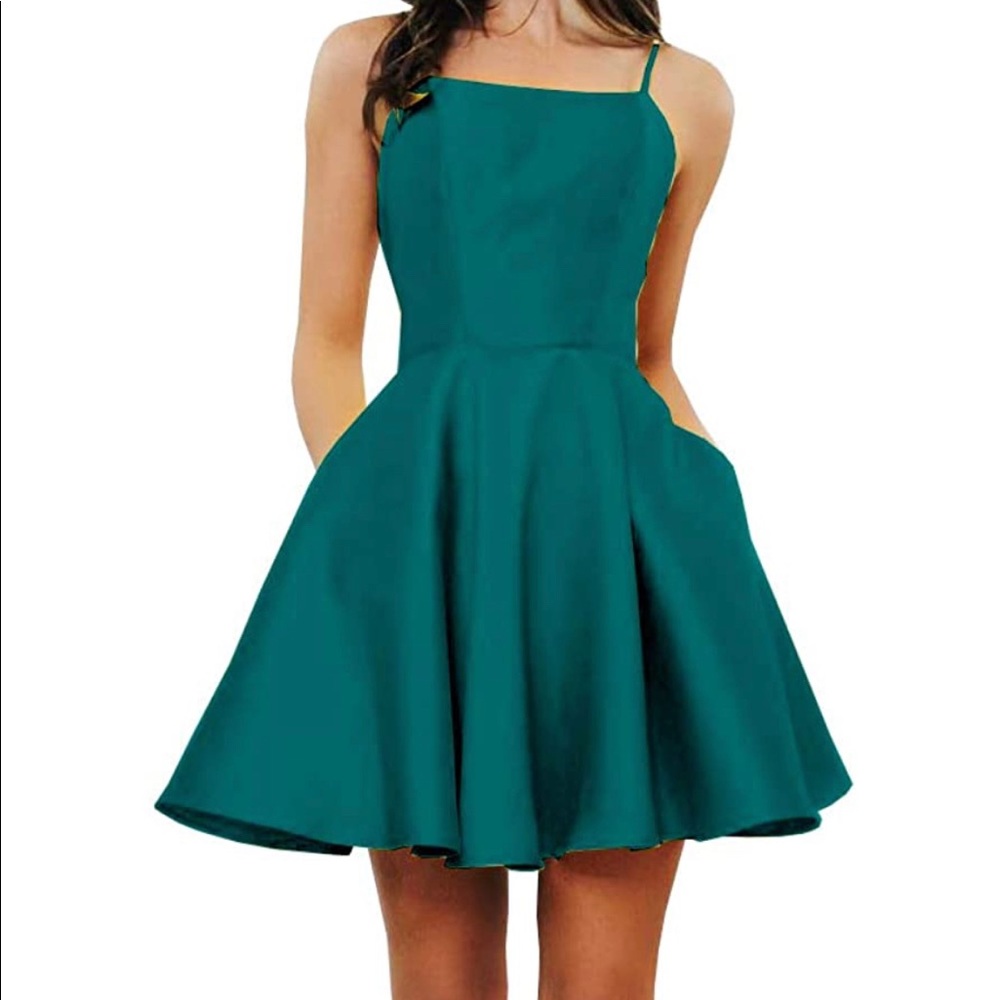 Short satin dress, peacock green/teal w/pockets.